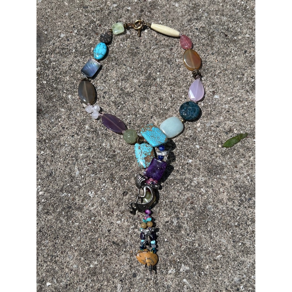 VTG Southwest Multi Gemstone Lariat Drop Statement Kokopelli Pendant Necklace
